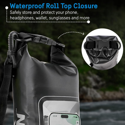 Pelican Marine IP68 Waterproof Dry Bag 2L - Roll Top Waterproof Backpack w/ Phone Case / Pouch - Boating & Kayak Accessories - Essentials for Camping Swimming Beach Fishing Rafting Travel - Black
