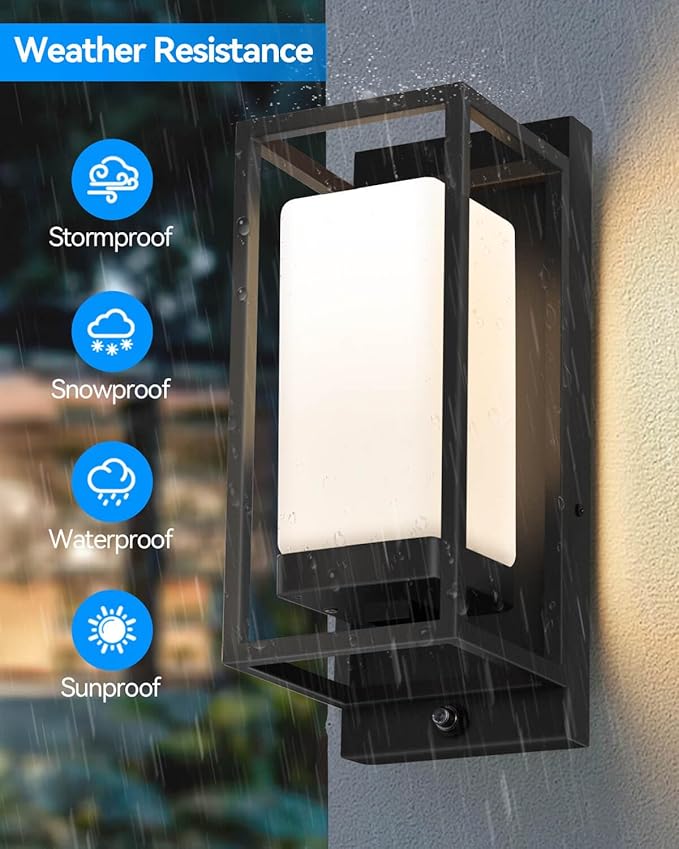 RAYVO Modern Outdoor Wall Light with Dusk to Dawn Sensor, Waterproof Exterior Lighting Fixtures with E26 Base, 3000K LED Bulb Included, Black Outdoor Sconce Lights for Porch Garage Entryway, 2 Pack