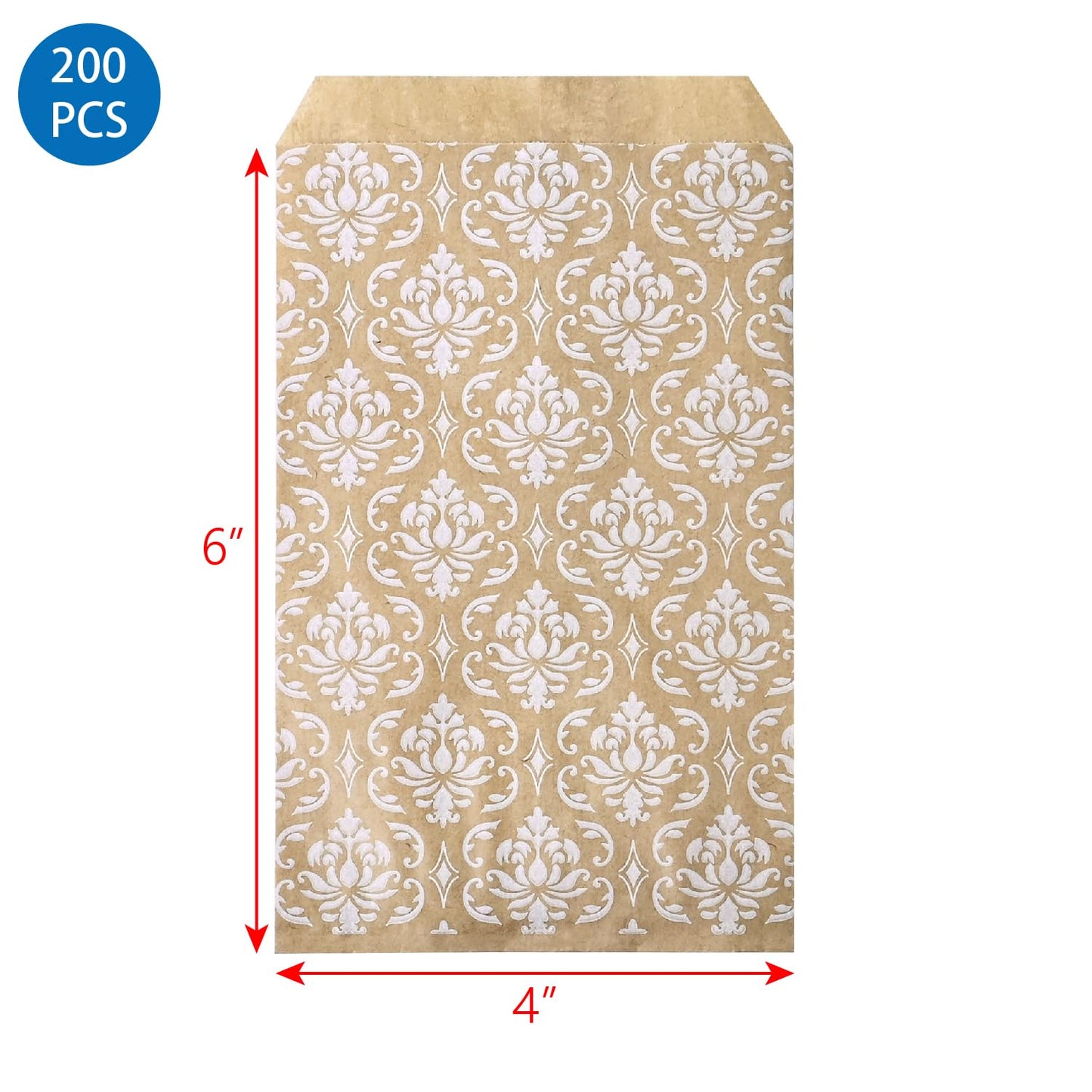 MOOCA 200 Pcs Damask Kraft Paper Gift Bags - Bulk, Small Business, Jewelry, Candy, Popcorn, Cookie & Treat Bags - 4 W x 6 H in - Kraft with White Damask