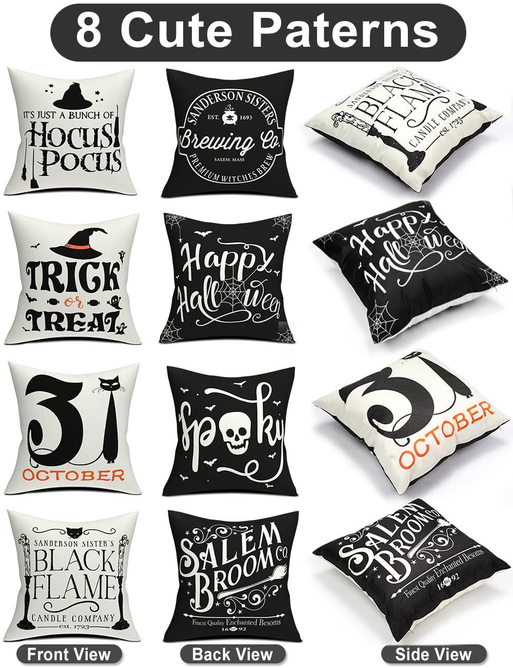 Halloween Decorations Set Of 4 Double-Sided Print Pillow Covers 18" x 18", with 8 Cute Halloween Decor Patterns, Elegant Invisible Zipper, Soft Linen Throw Pillow Covers for Outdoor & Indoor Use