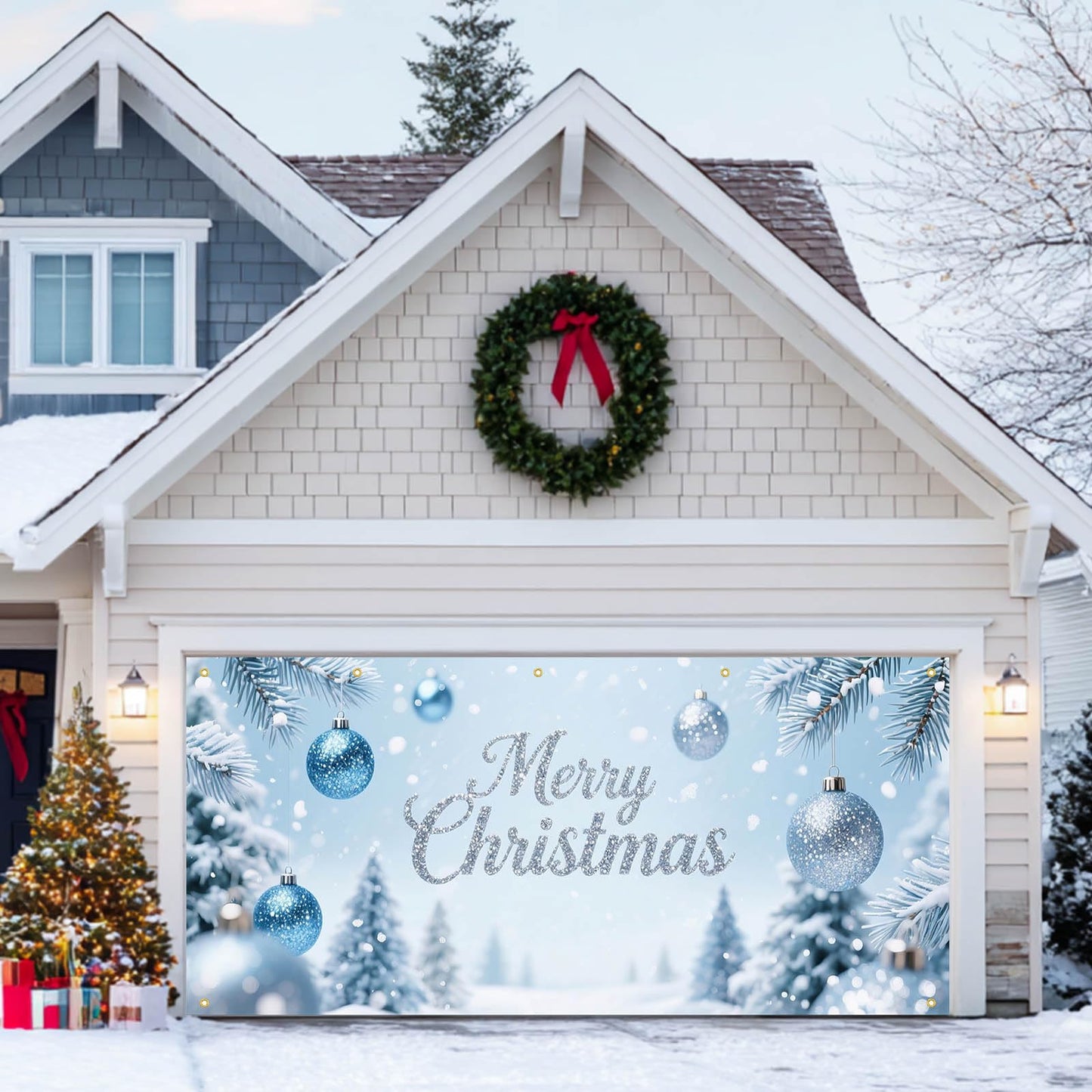 HOMETITUTE Merry Christmas Garage Door Banner 13x6ft Ornaments Snow Trees Theme Backdrop Outdoor Garage Door Cover Winter Scene Display Holiday Yard Decorations for Party Garage Wall Covering