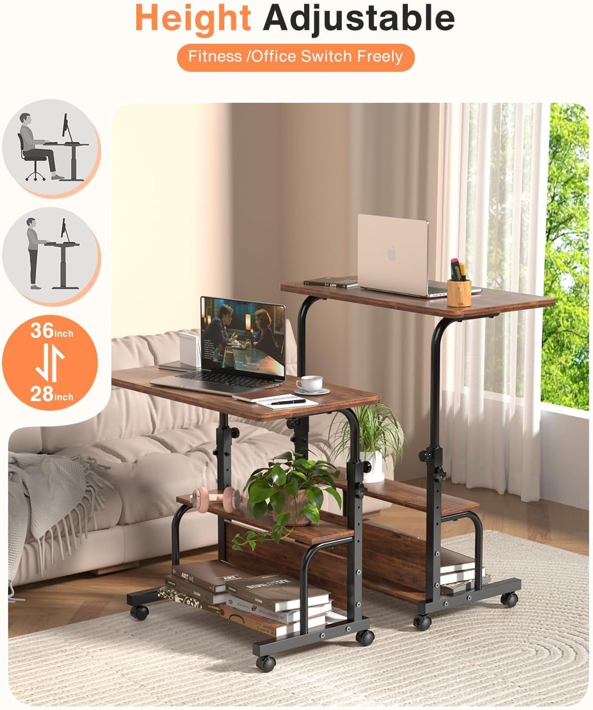 QZMDSM Portable Rolling Desk on Wheels Adjustable Height Desks for Small Spaces, 32" Computer Desk Drafting Tables with Storage Shelves for Home Office Rustic
