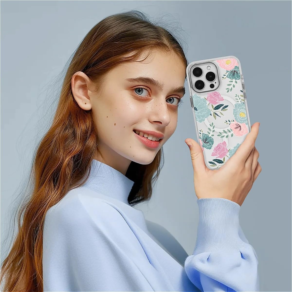TAMEFOX for iPhone 15 Pro Max Clear Case, Campatible with Magsafe,Blue Red Camellia Soft TPU Slim Magnetic for Women Girl Protective Case for iPhone 15 Pro Max-6.7 Inch (White)