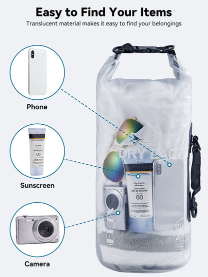 HEETA Dry Bag Waterproof for Women Men, Roll Top Lightweight Dry Storage Bag Backpack with Phone Case for Travel Swimming Boating Kayaking Paddle Board Camping Beach Accessories (White, 10L)
