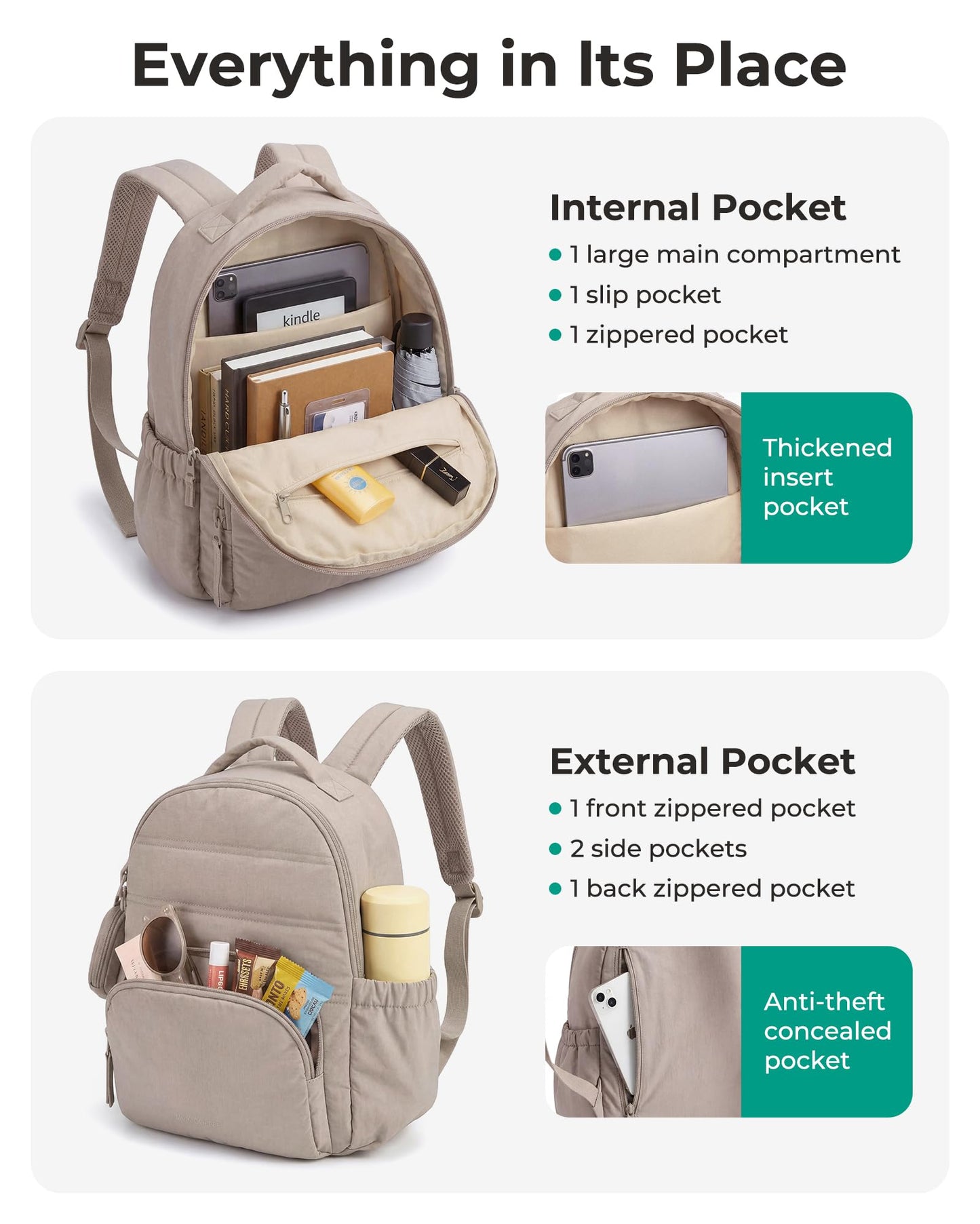 BAGSMART Small Backpacks for Women, Lightweight Puffer Mini Backpack Purse with Pouch, Quilted Casual Daypack, Water-Resistant Bookbag for Daily Travel College, 2-in-1 Set, Coffee Brown