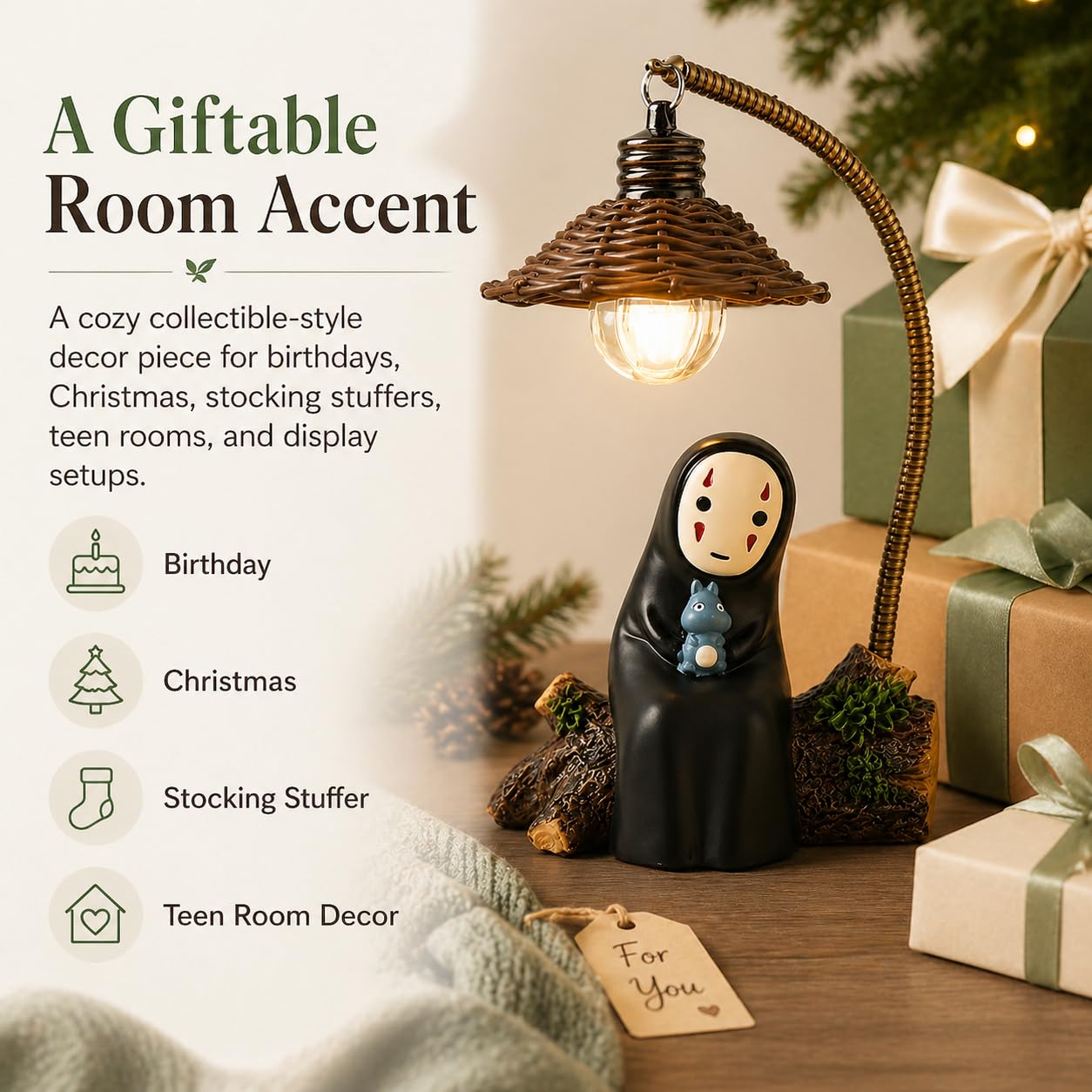 Amallino No Face Lamp, No Face Night Light, Mini Resin Anime Desk Lamp, Battery Operated Cute Room Decor Gift for Bedroom Shelf Office