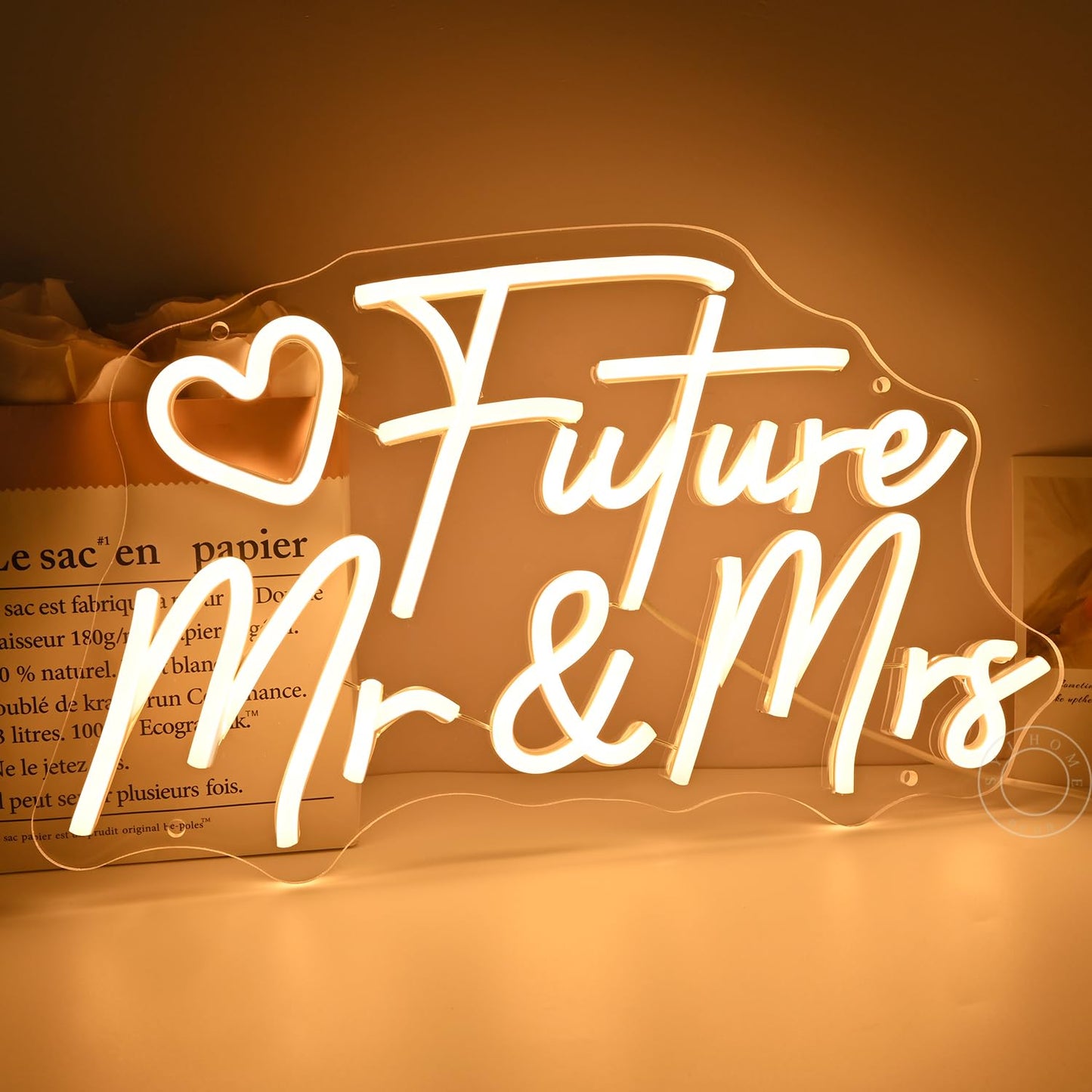 SYLHOME Future Mr & Mrs Led Neon Light Sign Wedding Wall Decor Sign Banner Engagement Party Bridal Shower Light Up Sign Backdrop 15.75" X 9.25" USB Warm