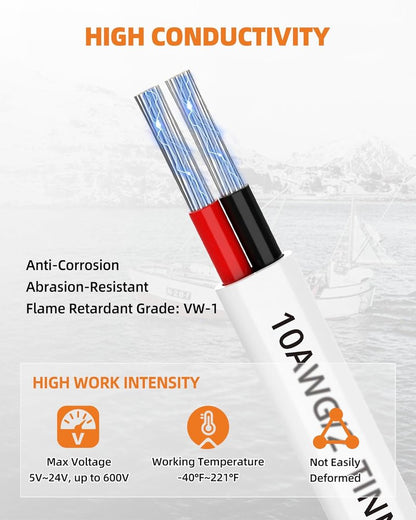 10 Gauge Marine Wire - Duplex Marine Grade Cable, IP68 Waterproof Tinned Copper | 15FT for Boat, RV, Solar, LED Strips