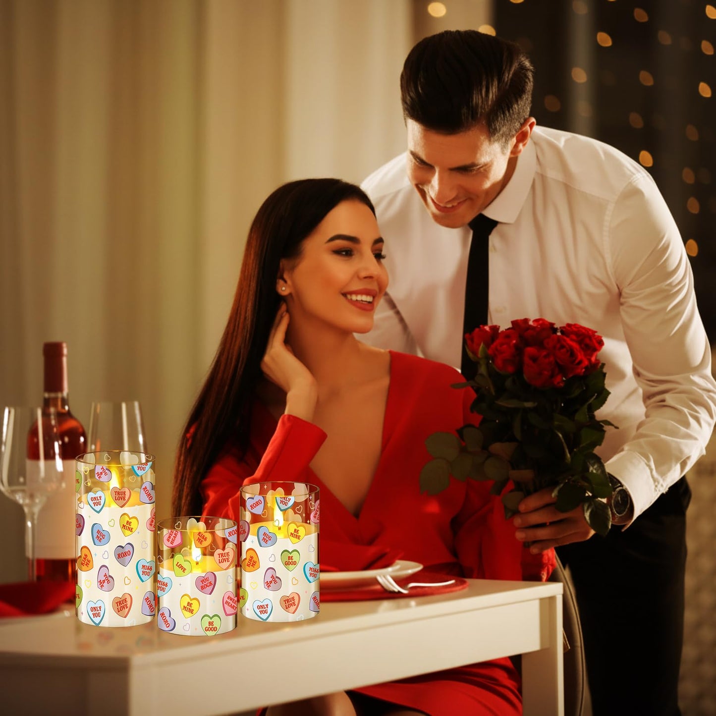 Blosssound 3 Pack Valentine's Day Flameless Candles Battery Operated Conversation Hearts Flameless Flickering Candles LED for Home Romantic Valentine's Collection Gifts Holiday Table Decorations