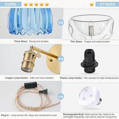Plug in Wall Sconce, Vintage Sconce Light with Tulip Sky Blue Glass Lampshade, 180° Adjustable Wall Sconce with Switch and Plug in Wall Lamp Cord, Gold Wall Light for Bedroom Bedside