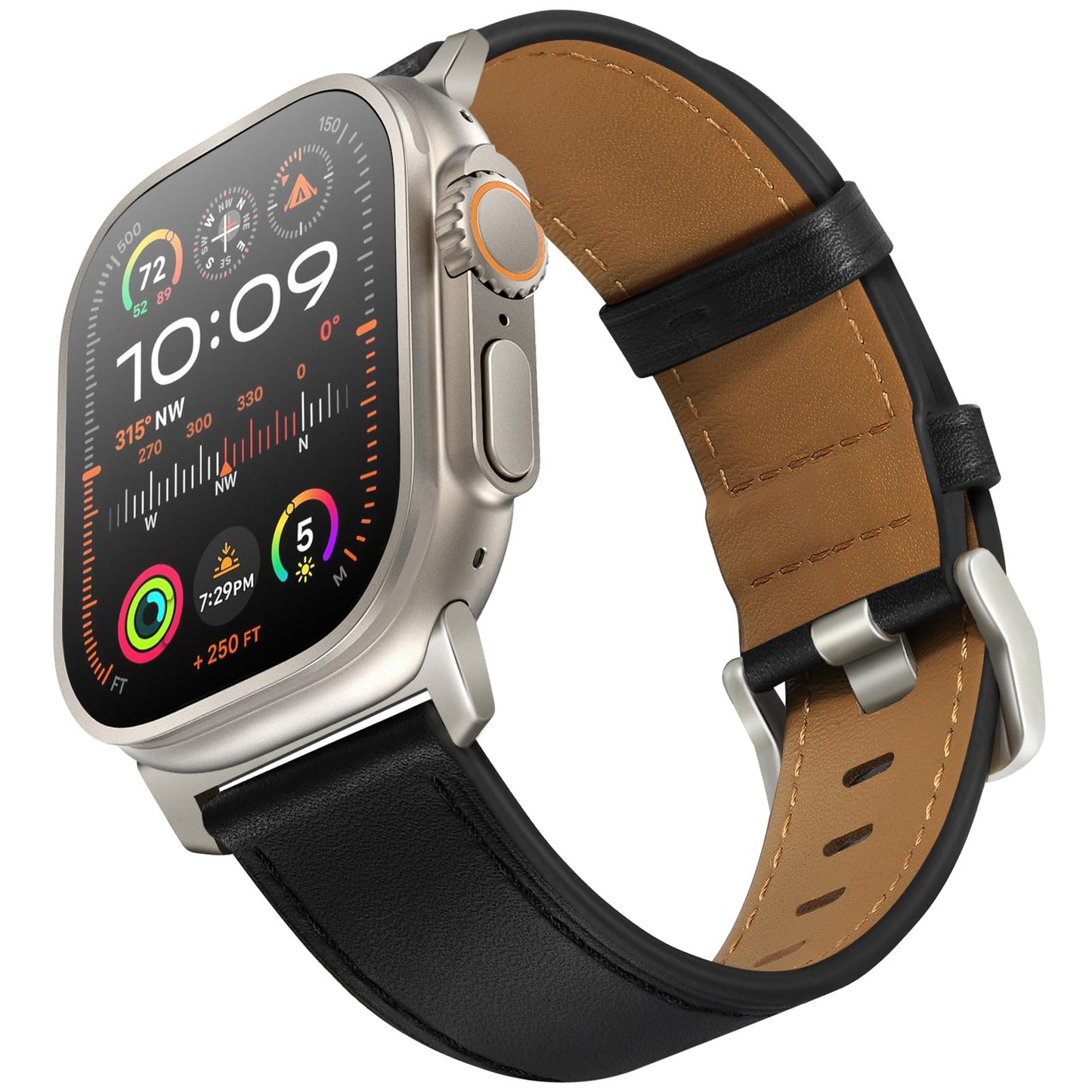 UUPWPOKT Leather Band Compatible with Apple Watch Ultra 3/2/1 Band 49mm 46mm 45mm 44mm 42mm Men, Genuine Leather Strap for iWatch Ultra Series 11 10 9 8 7 6 5 4 3 2 1 SE 3/2/1, Black/Titanium