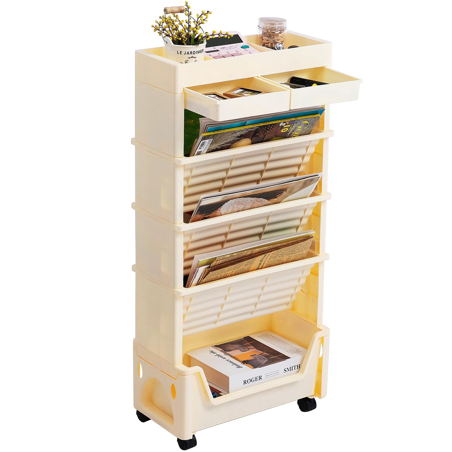 AGTEK 5 Tier Rolling Utility Cart, Book Cart with Wheels, Office Book Carts with Divided Top Shelf for Organizing Books and Supplies in Home, Office, Classroom, Beige