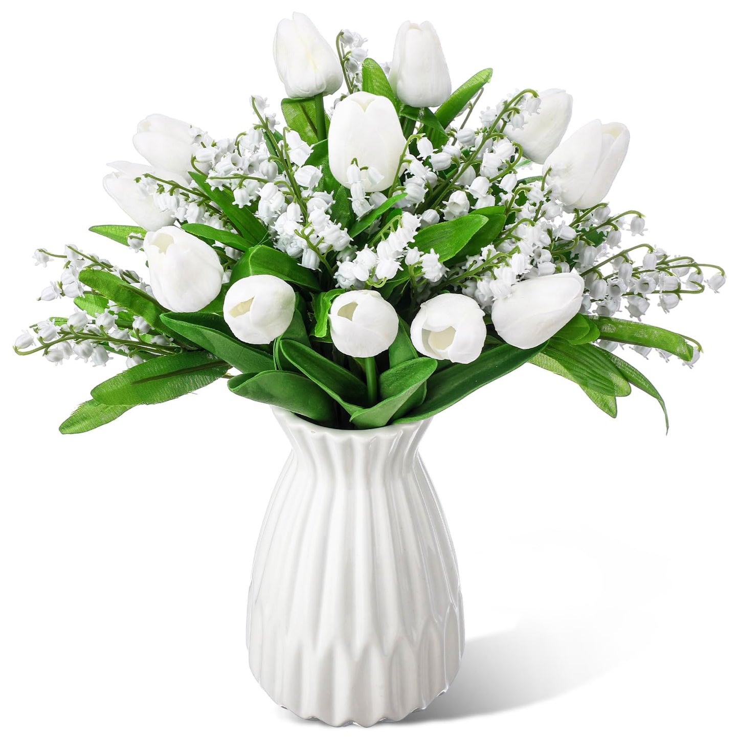 Hoteam 24 Pcs Artificial Lily of The Valley, Lifelike PU Faux Tulips, Fake Flowers Bouquet Floral Arrangements for Spring Home Decor, Spring Centerpiece, Wedding Bridal Party (White & Green)