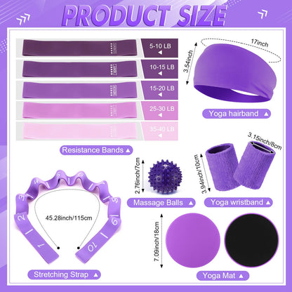 Poen 18 Pcs Home Pilates Ball and Ring Circle Set Yoga Fitness Essentials Kit with 5 Resistance Band Stretching Strap Non Slip Sock Ball Core Slider Wristband Headband Gym Bag for Women(Purple)