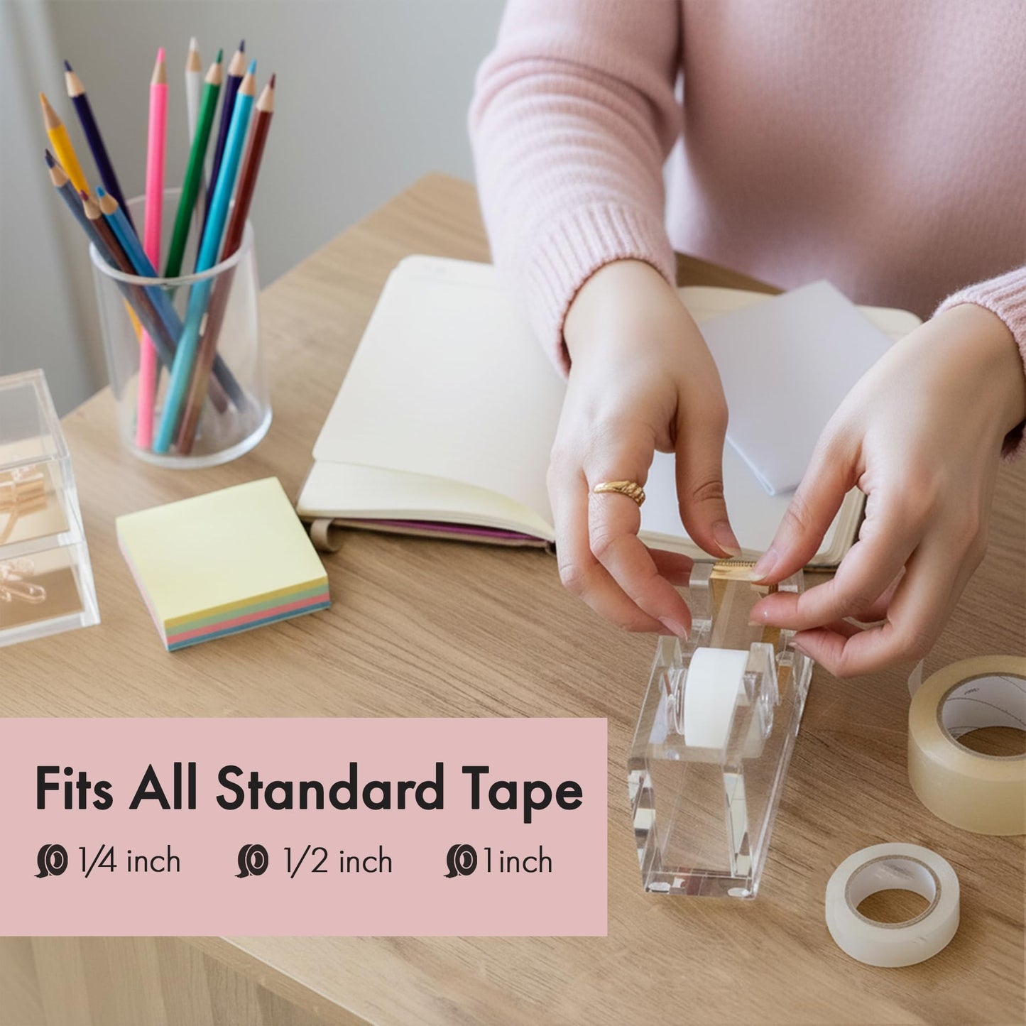 OfficeGoods Acrylic Tape Dispenser – Modern Desk Organizer for Office Supplies, Heavy Duty Refillable Tape Holder for Home and School Crafting, Stylish Desktop Accessory for Gift Wrapping, Gold