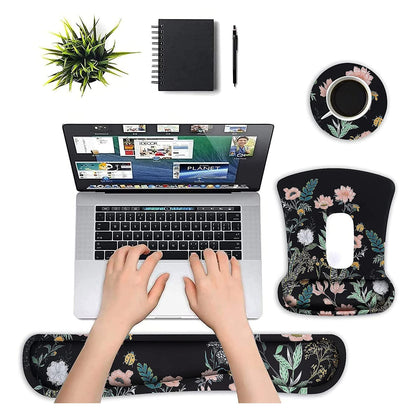 MOSISO Wrist Rest Support for Mouse Pad&Keyboard Set, Wild Flowers Ergonomic Mousepad&Coaster Non-Slip Base Home/Office Pain Relief&Easy Typing Cushion with Neoprene Cloth&Raised Memory Foam, Black