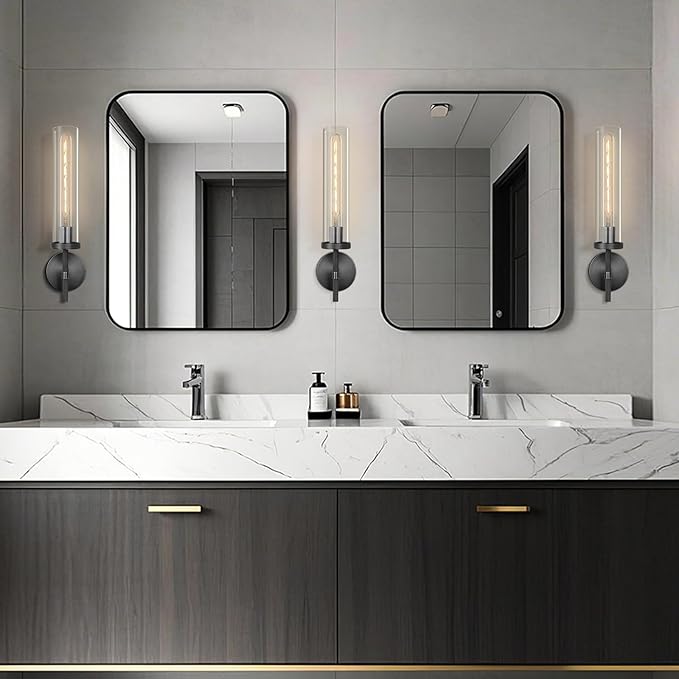 Matte Black Wall Sconce 19.48" Industrial Wall Lamp with Clear Glass Tube, Bathroom Vanity Lighting & Bedroom Hallway Staircase Sconces, Garage Entryway Porch Light Fixture(Including Bulb)