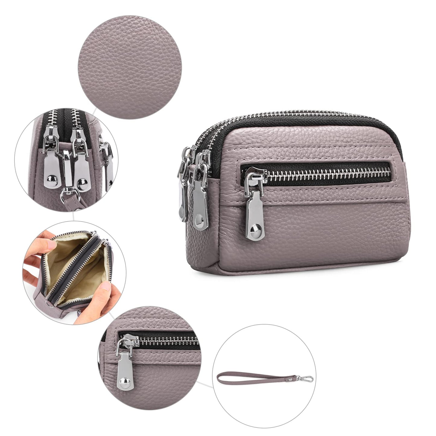 SENDEFN Coin Purse for Women Leather Wristlet Double Zip Around Small Change Pouch