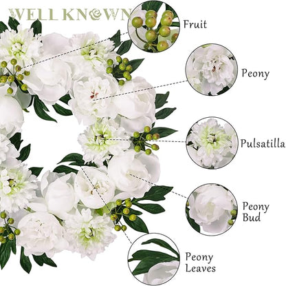 WELL KNOWN Fall & Winter White Wreaths for Front Door, Silk Aritificial Peony Wreath for Front Door Porch, Indoor Wall Window Home Decor, Farmhouse Thanks Giving Christmas Party Wediing Decor & Gift