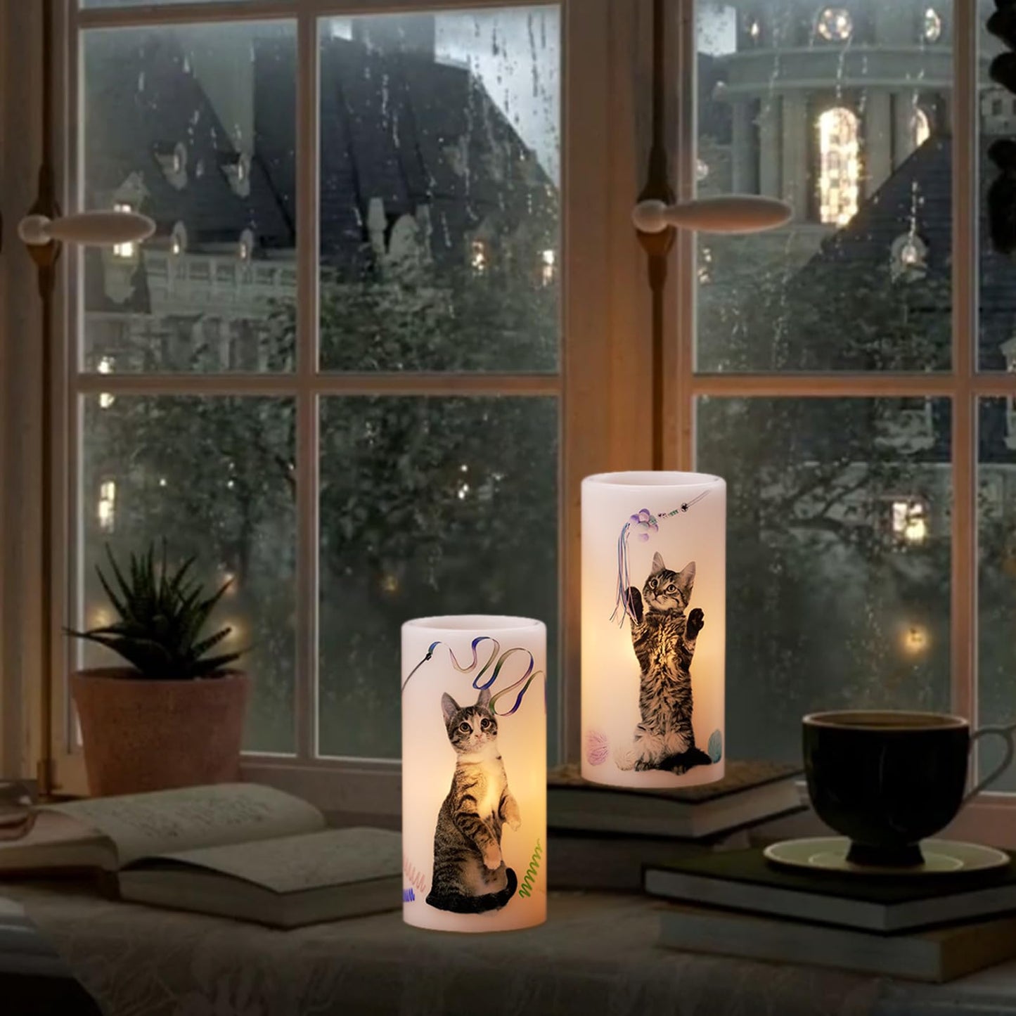 Wondise Flameless Flickering Candles with 6H Timer, Battery Operated Real Wax Pillar Candles with Lovely Cat Decal for Christmas Home Decoration Gifts