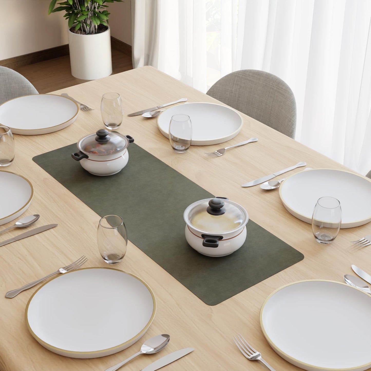 Encasa XO Dual Sided Leather Olive Table Runner with Suede Top | Heat & Water Resistant, Non-Slip, Wipeable & Durable Dining & Kitchen Table Decor | 12"x33"