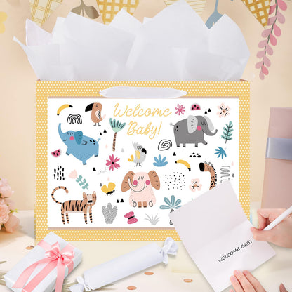 woric 14.5" Baby Gift Bag for Baby Shower with Tissue Paper and Greeting Cards for Boys Girls Birthday Party(Cute Animals)