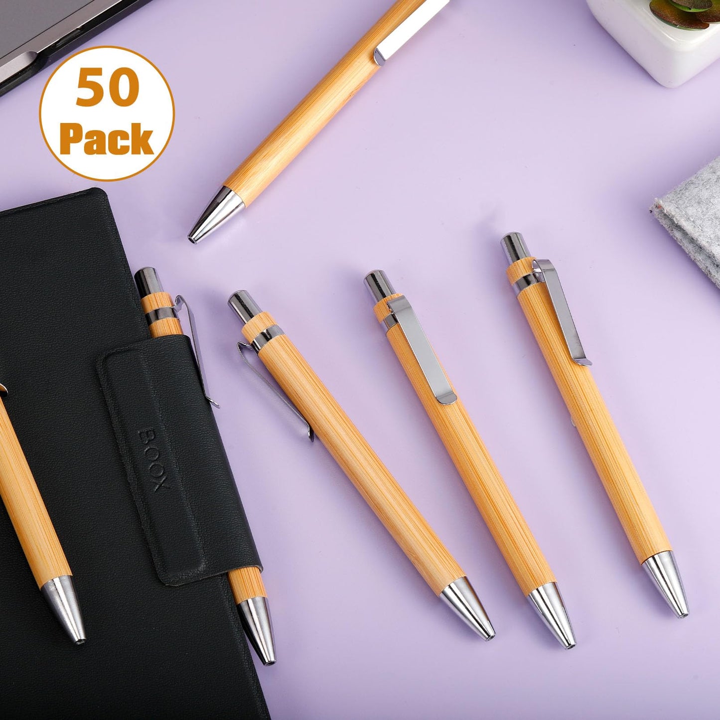 CLRBEATTY 50 Pcs Bamboo Pens Bulk,Wooden Retractable Ballpoint Pens,Bamboo Ballpoint Pen With 50 Refills for Writing,1.0mm Black Ink Pens Wood Ballpoint Pen for Journal School Office Supplies