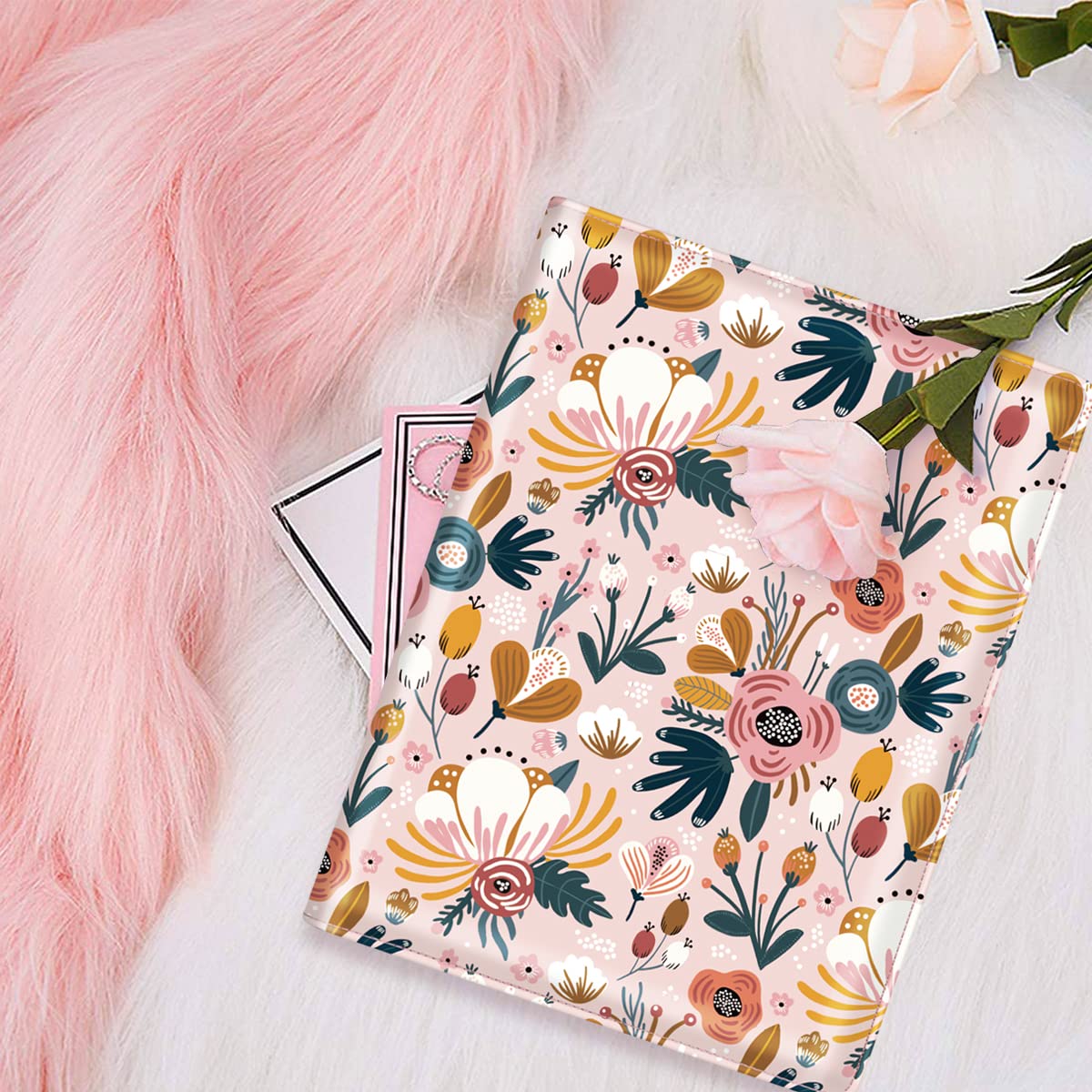 WAVEYU Portfolio Case for Women, Cute Floral Padfolio Cover for Girls, Conference/Resume/Legal Document Organizer with Letter/A4 Size Clipboard Hardboard, Business Card Holders, Pink Flower
