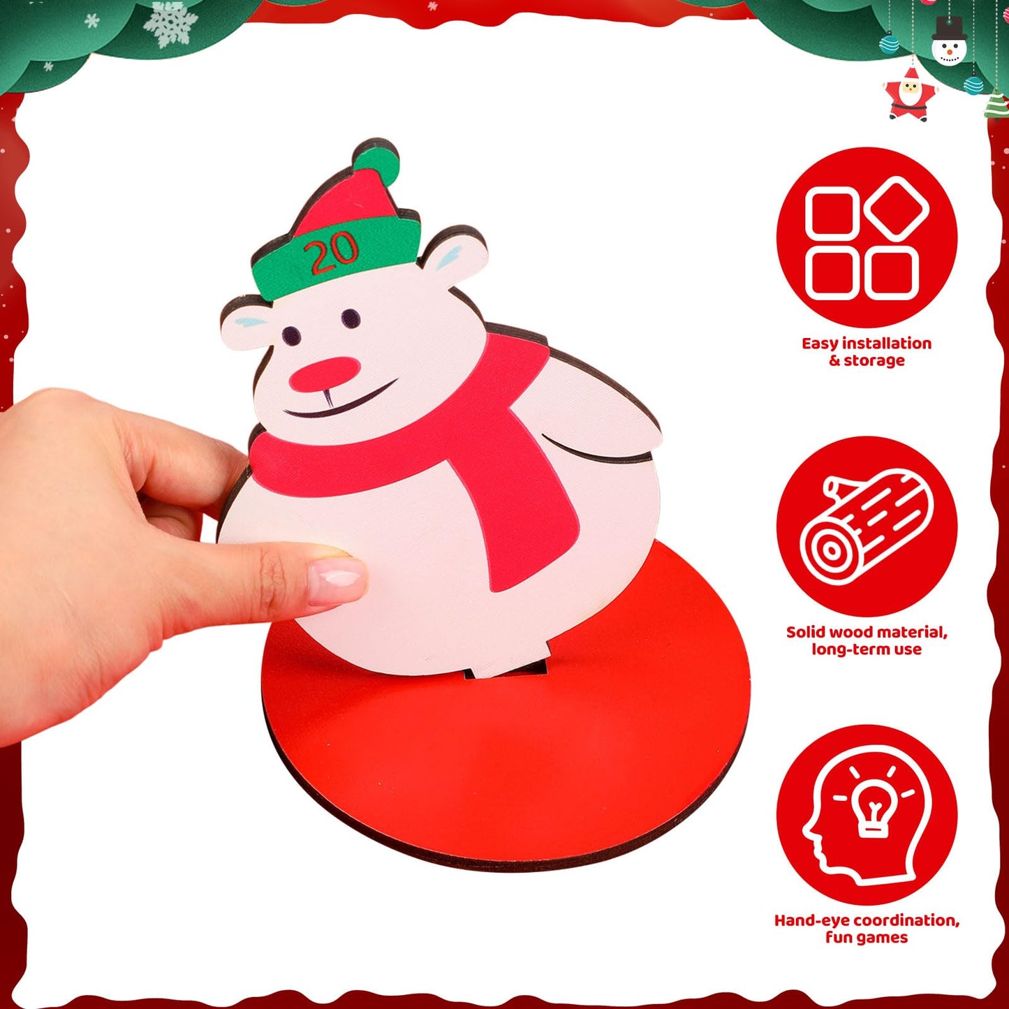 Jenaai 32 Pcs Christmas Snowman Ring Toss Game, Christmas Wooden Ring Toss Game Set for Family Indoor Outdoor Play Xmas Party Supplies Decoration Penguin Bear Santa Claus Deer