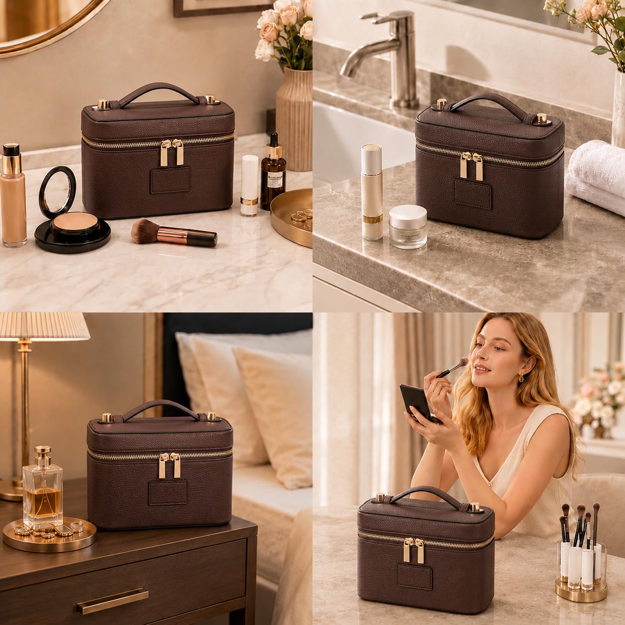 Cozomga Makeup Bag Vanity Case for Women Leather Cosmetic Bag Travel Toiletry Bags Portable Makeup Organizer Case
