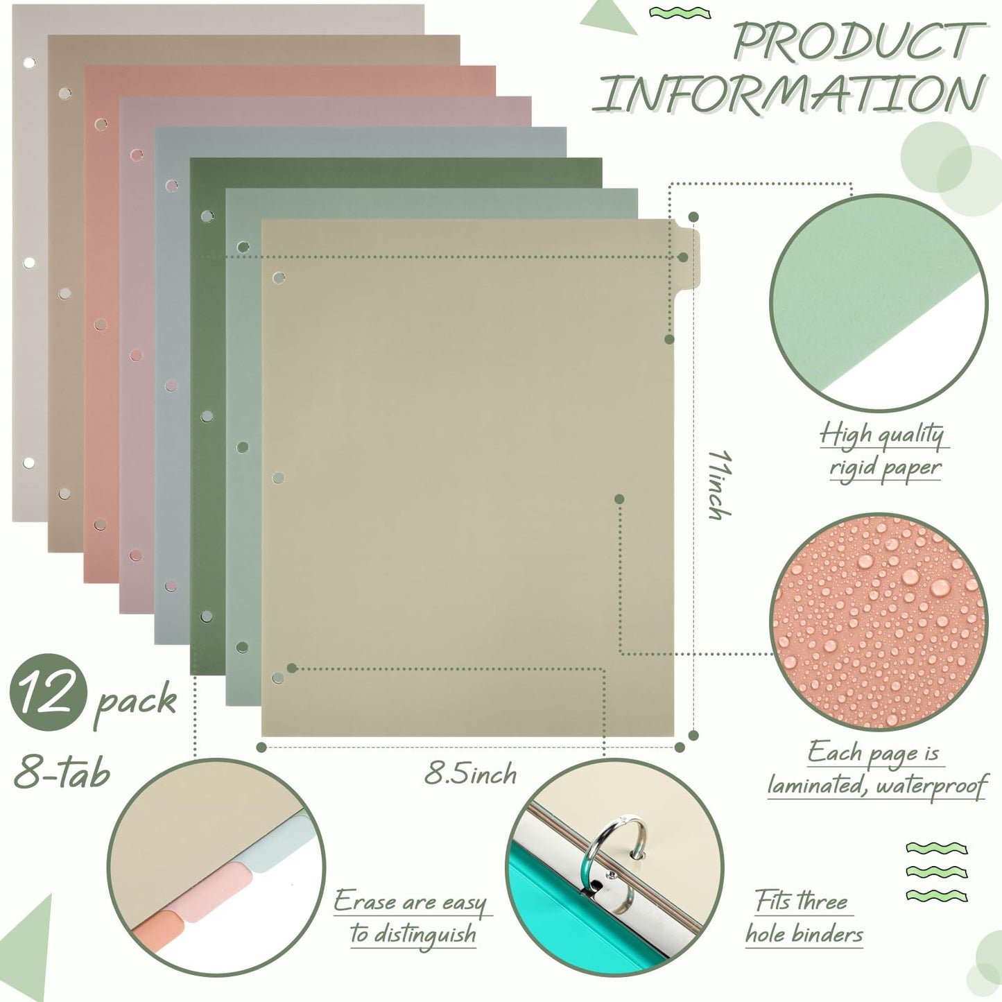 Honoson 12 Sets 8 Tab Dividers for 3 Ring Binders Plastic File 8.5 x 11 Inch Paper Multicolor Page Binder Index Dividers for School Office(Dark Color)