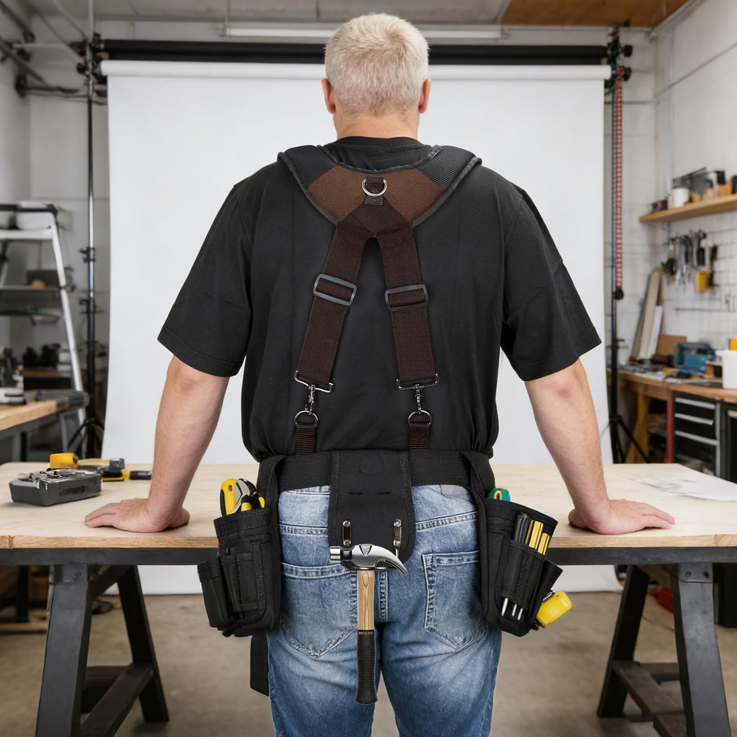 UMYLOV Tool Belt Suspenders for Men, Adjustable Padded Carpenter Tool Belt with Magnetic WristBand Multifunctional Pouch Pocket for Construction Workers (Brown)