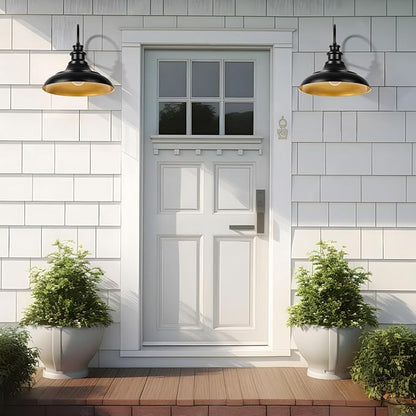 Dusk to Dawn Sensor Outdoor Barn Light Fixtures, 16 Inch Dome Farmhouse Outdoor Wall Sconces, Rustic Gooseneck Exterior Wall Mount Lights, Industrial Black Gold Wall Lanterns for Porch, 2 Pack