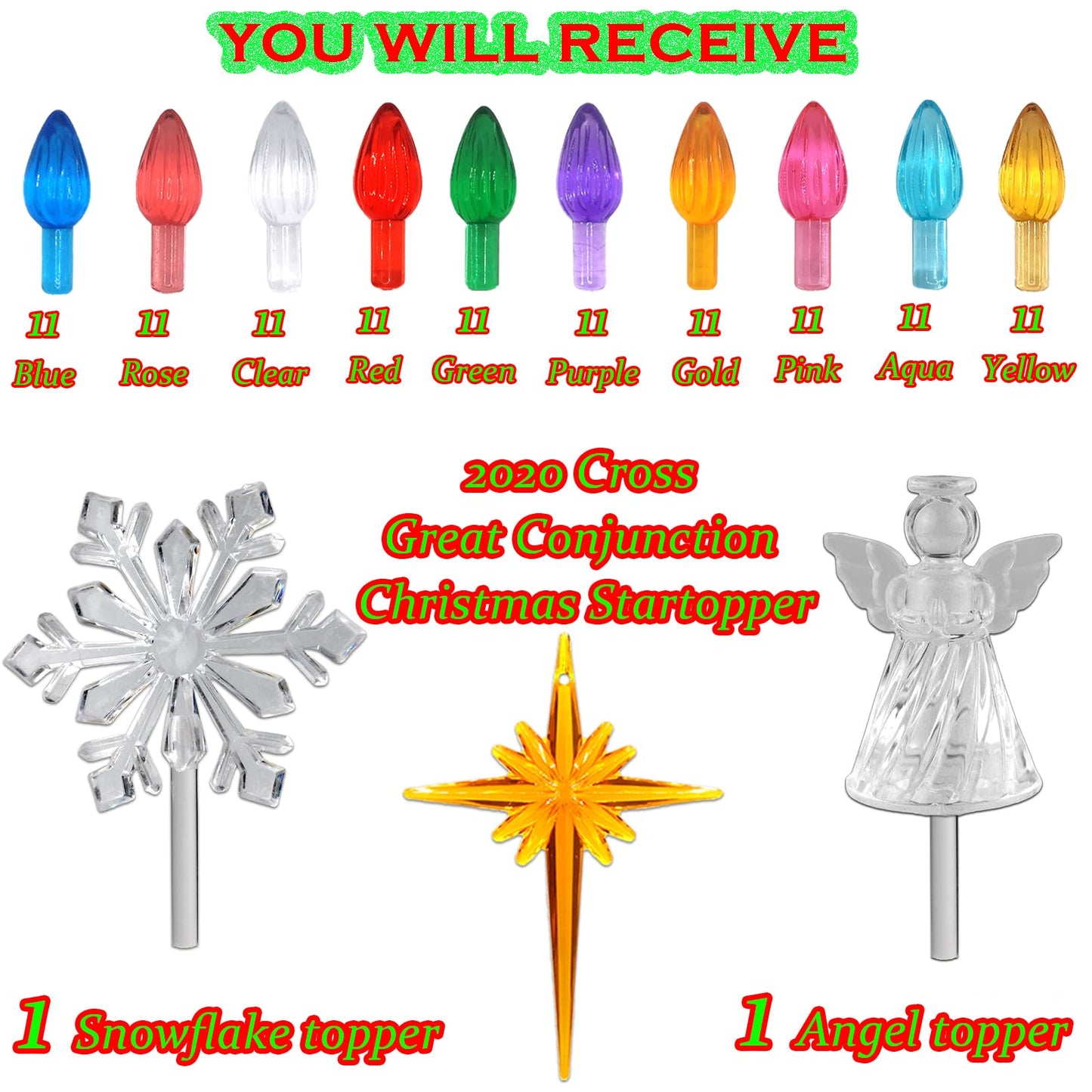 110Pcs in 10 Colors Ceramic Christmas Tree Replacement Bulbs - Plastic Lights Pegs, Included Angel Topper＆Snowflake Top＆Cross Stars.