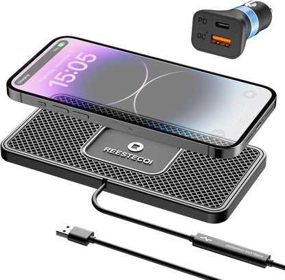 Wireless Car Charger Pad, REESTECQI 15W Wireless Charging Pad for Car Non Slip Phone Car Wireless Charger [40W Car Charger Included] for iPhone 16 15 14 13 12 11, AirPods 3/Pro 2, Samsung S24/S23/S22