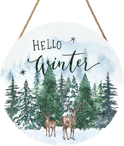 Winter Welcome Sign for Front Door Decor Farmhouse Winter Pine Trees Wood Door Hanger for Outdoor Outside Porch Rustic Hello Winter Round Hanging Sign for Home Front Porch Wall Decoration 12”x12”