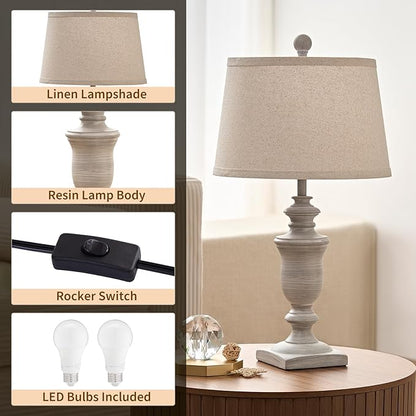 23" Farmhouse Table Lamps Set of 2, 3 Way Dimmable Lamps with 2 LED Bulbs and Rocker Switch, Vintage Nightstand Lamp for Bedroom Living Room Office End Table Entryway, Antique Grey