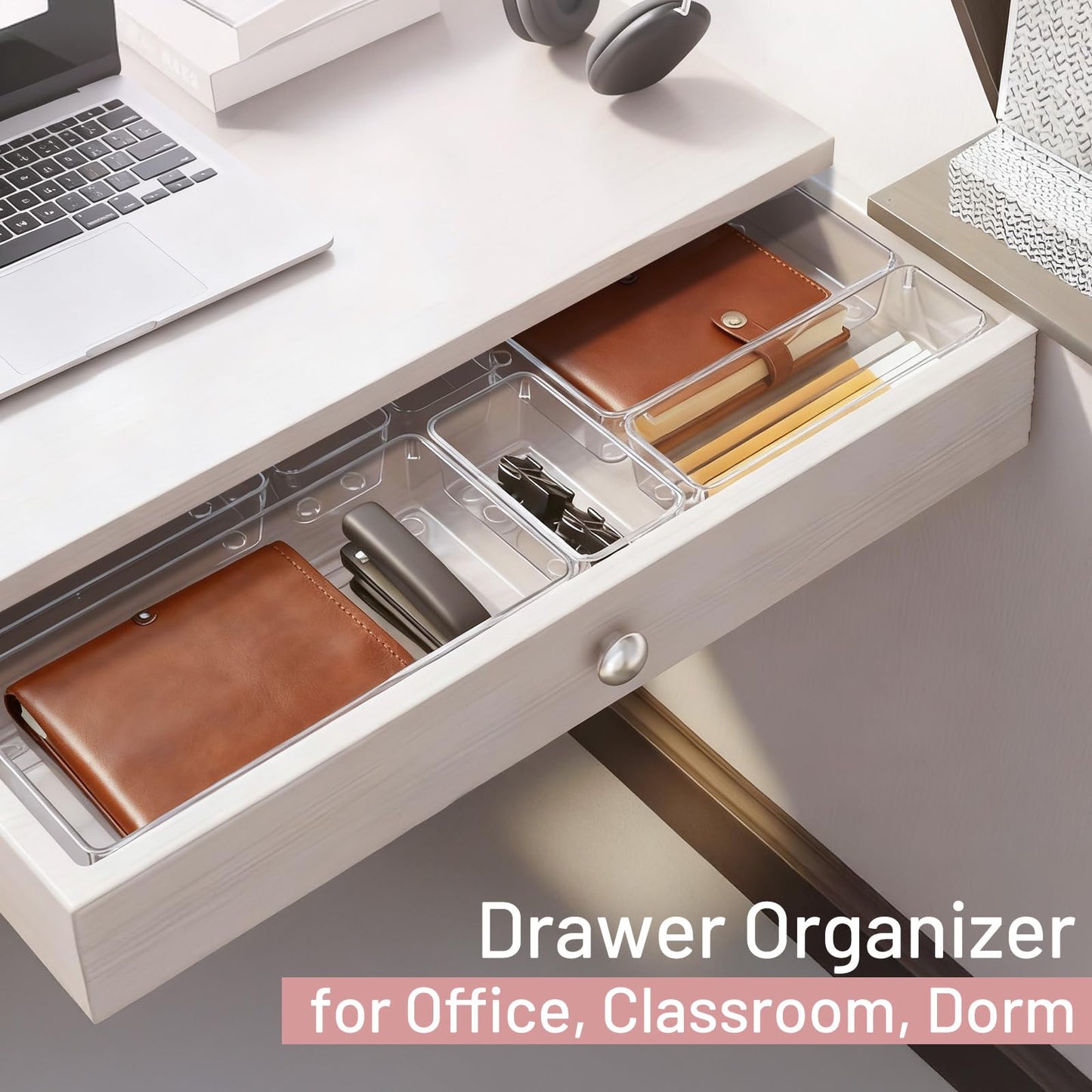 8 Pack Large Clear Plastic Drawer Organizer Bins - Acrylic Bathroom Drawer Organizer Trays - Heavy Duty Kitchen Drawer Dividers for Utensils - Non-Slip Storage Bins for Makeup, Bedroom, Office Desk