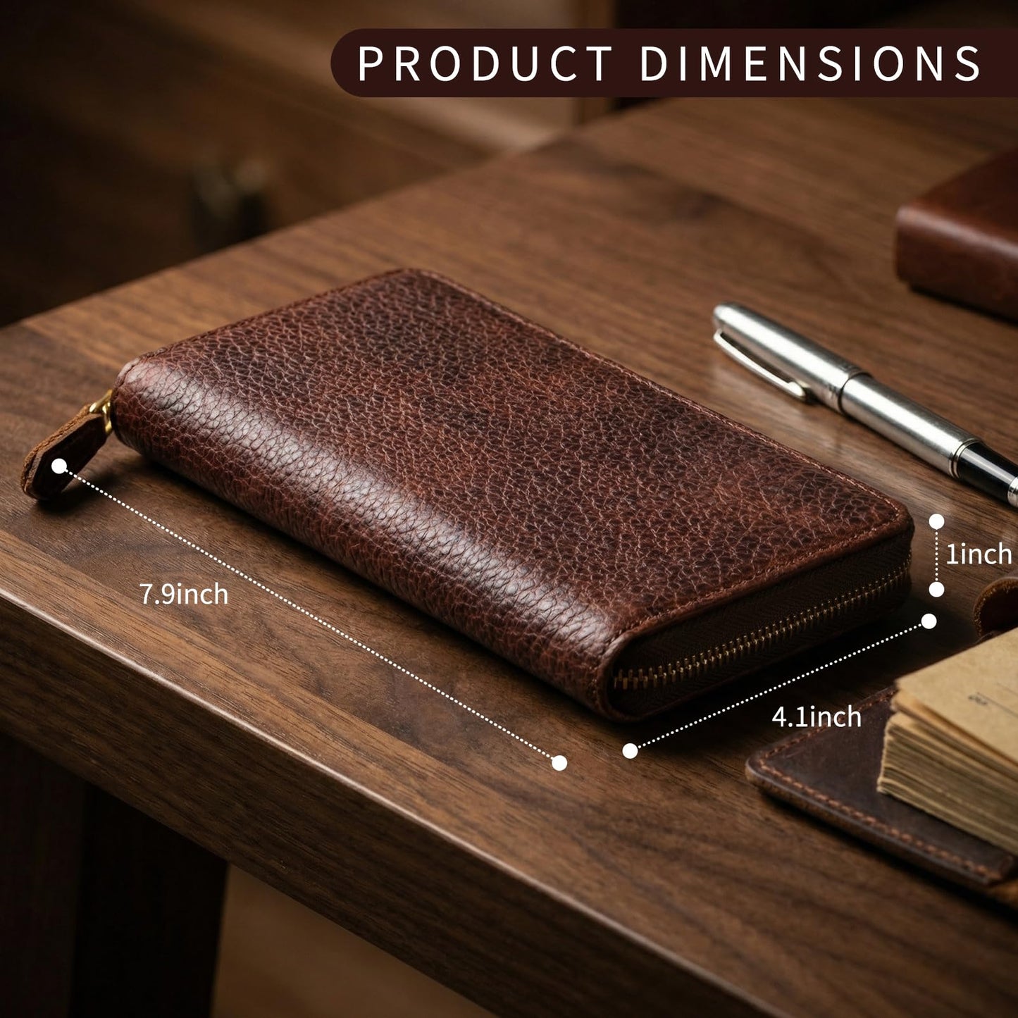 RMAWRAD genuine leather long bi-fold wallet/card holder, unisex, made of full-grain cowhide, with card slots and a coin purse, brown.