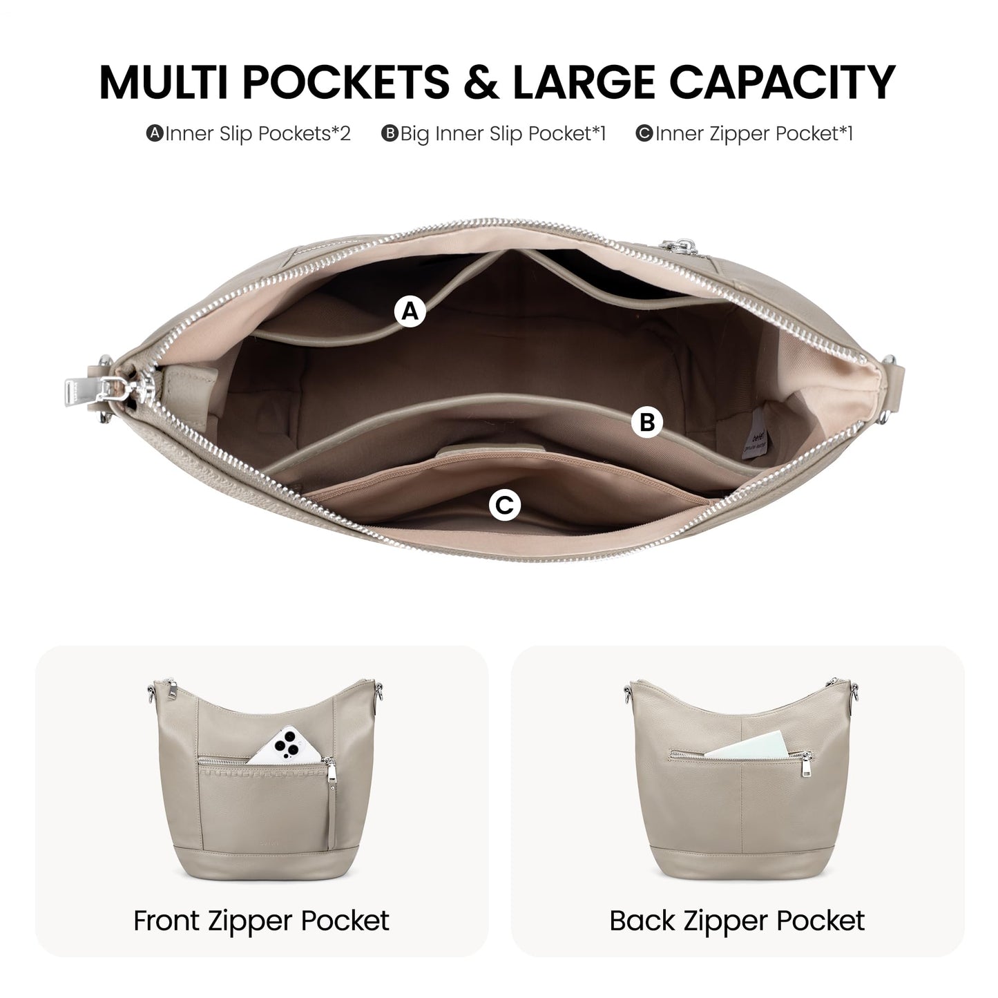befen Soft Shoulder Purses for Women Genuine Leather, Medium Crossbody Hobo Purses for Women, Ladies 100 Percent Real Leather Purse, Lightweight Shoulder Handbags Beige Grey