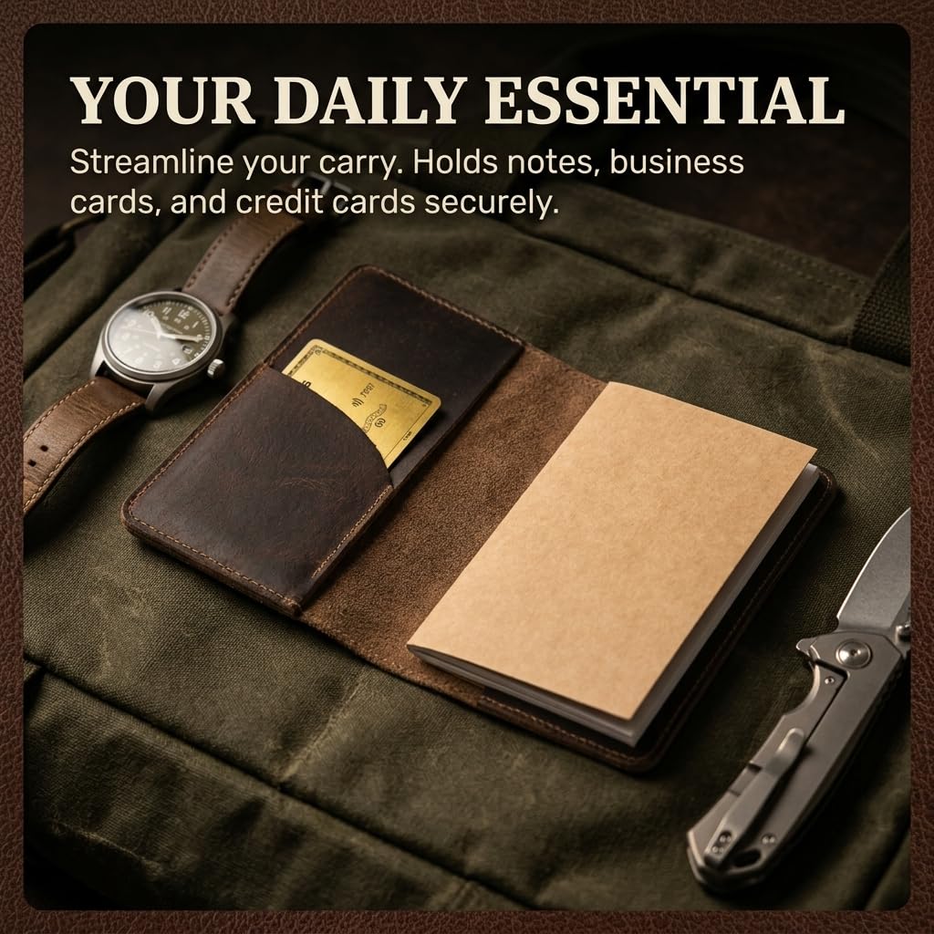 Rustique Leather Field Notes Cover Collection - Refillable Travel Journal & Notebook Organizer with Card Slots - Handmade Full Grain Leather (Curved Pocket Set - Smoky Bourbon)