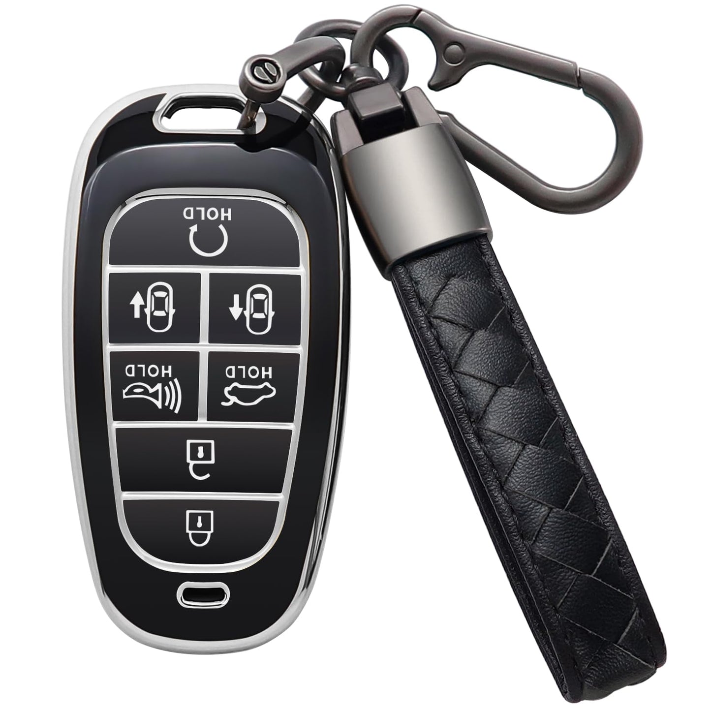 Eisgul for Hyundai Key Fob Cover with Leather Keychain Soft TPU Full Protection Key Case Shell Holder Compatible with 2024 2023 2022 2021 Sonata Santa fe Tucson Nexo Palisade 7 Button, B-Black