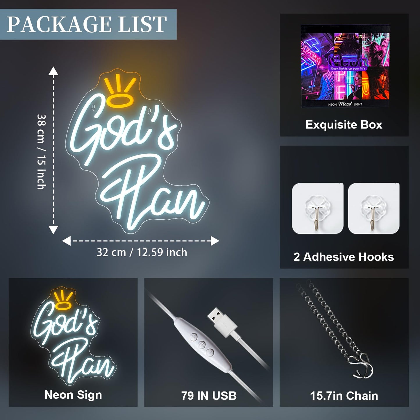 WLHOPE God's Plan Neon Sign White Led Neon Signs for Wall Decor, God Neon Signs USB Powered Letter Neon Light Signs for Bedroom Living Room Home Bar Wedding Party Decoration