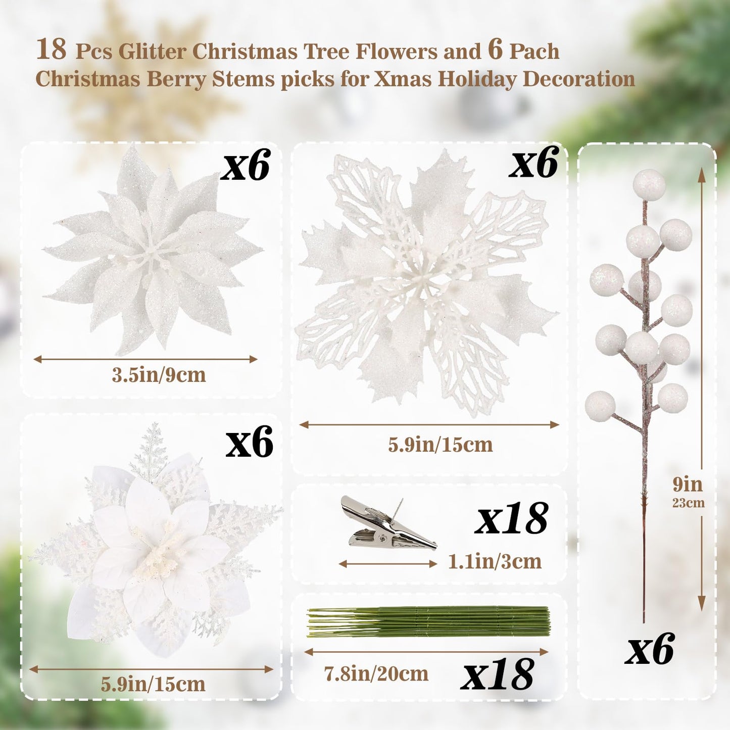 N&T NIETING 24 Pcs Christmas Poinsettia Artificial Flowers & Glitter Berries Stems Kit Christmas Floral Picks Christmas Tree Garland Wreath Filler Ornaments for Home Party Xmas Decor, White