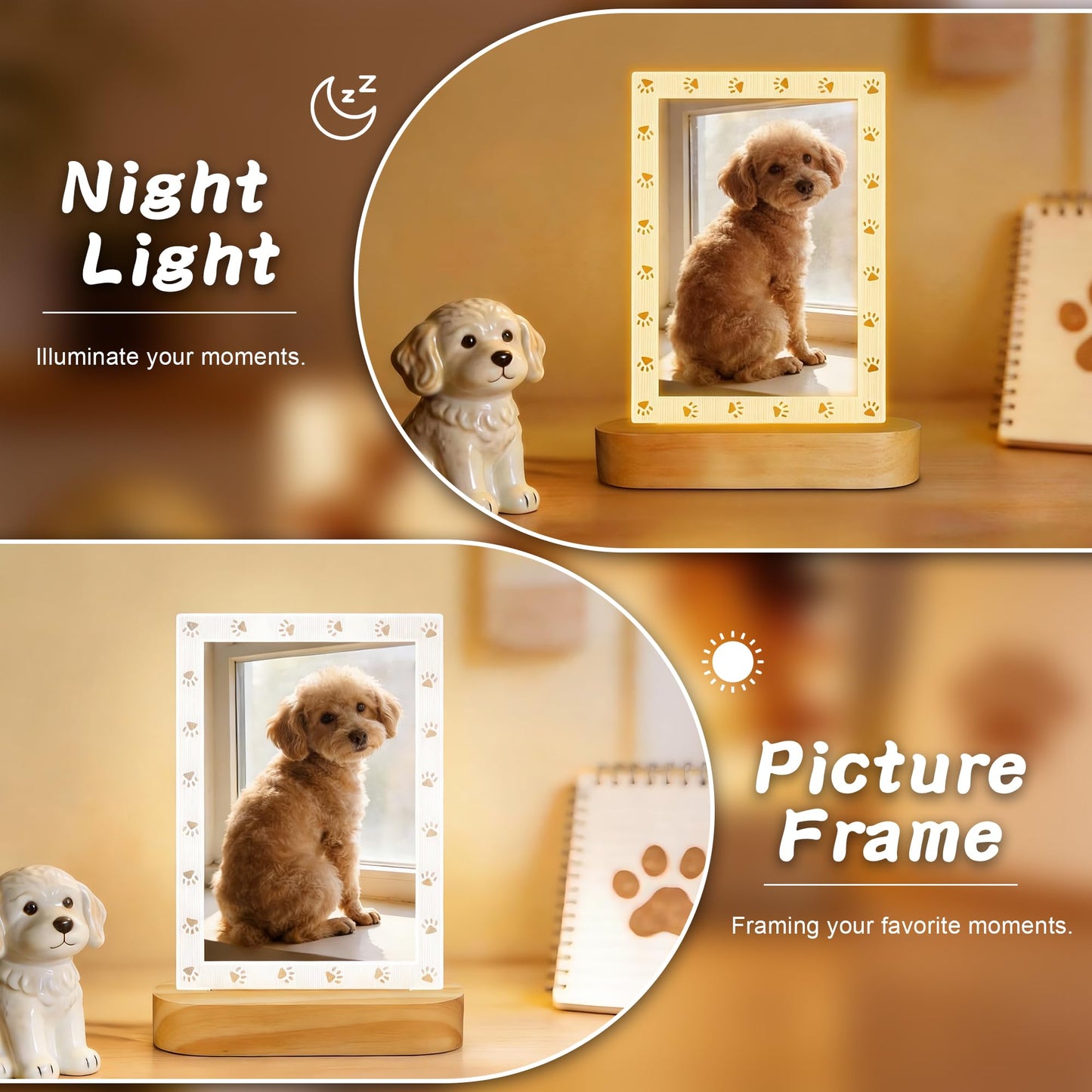 Dog Photo Frame with LED Night Light, Pet Memorial Gifts Light up Picture Frame Paw Prints Design, Personalized Sympathy Gift for Loss of Dog Cat Owner, Home Tabletop Decor for Pet Lovers (4x6 inchs)