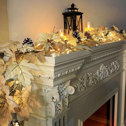 6 FT Realistic Fall Garland with Lights Timer Function Fall Leaves Maple Garland with Berries Pine Cones Autumn Automatic Fall Decorations for Home Mantle Fireplace Porch Table Decor