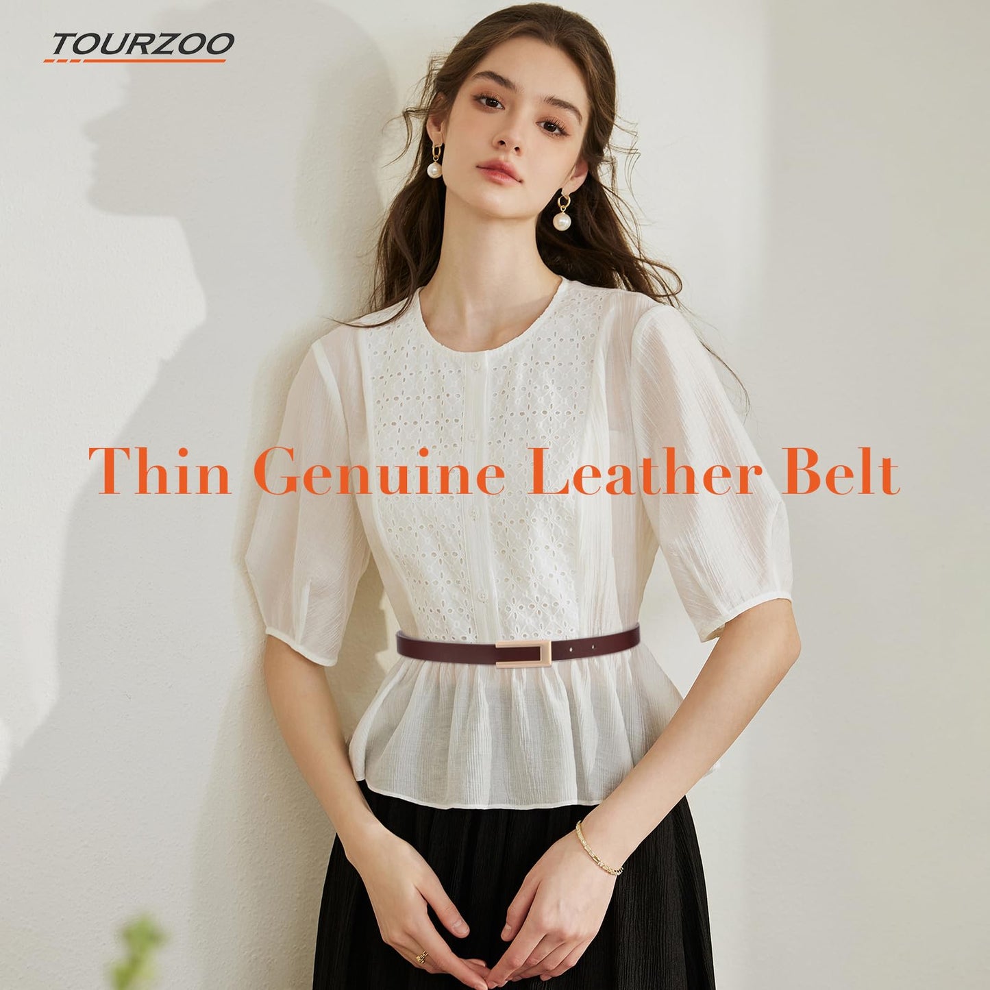 TOURZOO Genuine Leather Belts for Women Skinny Waist Belt for Dresses Jeans Pants with Gold Buckle