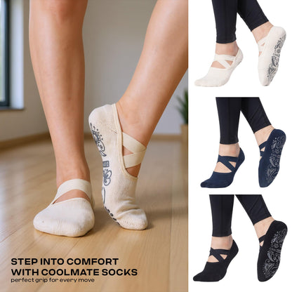CoolMate Pilates Socks with Grips for Women, Yoga Socks, Crew Non Slip Women for Workout, Barre, Pilates Gifts (US, Numeric, 6, 10, Regular, Regular, 3 Pairs Barre Navy/Black/Beige)