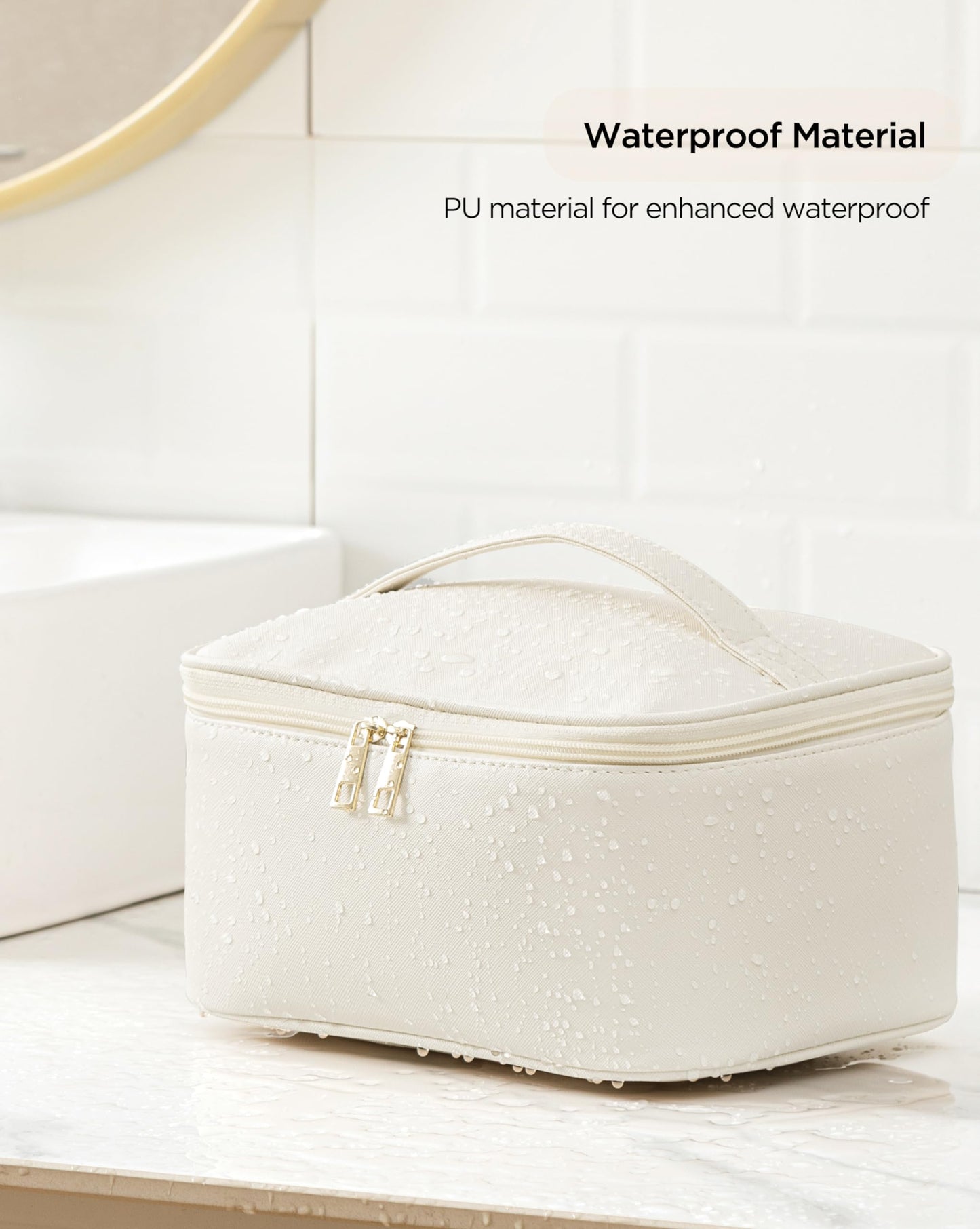 HBlife Travel Makeup Bag Portable Cute Leather Cosmetic Bag Large Make Up Bag Makeup Case Organizer Toiletry Bag for Women Girls with Handle and Removable Divider (Beige)