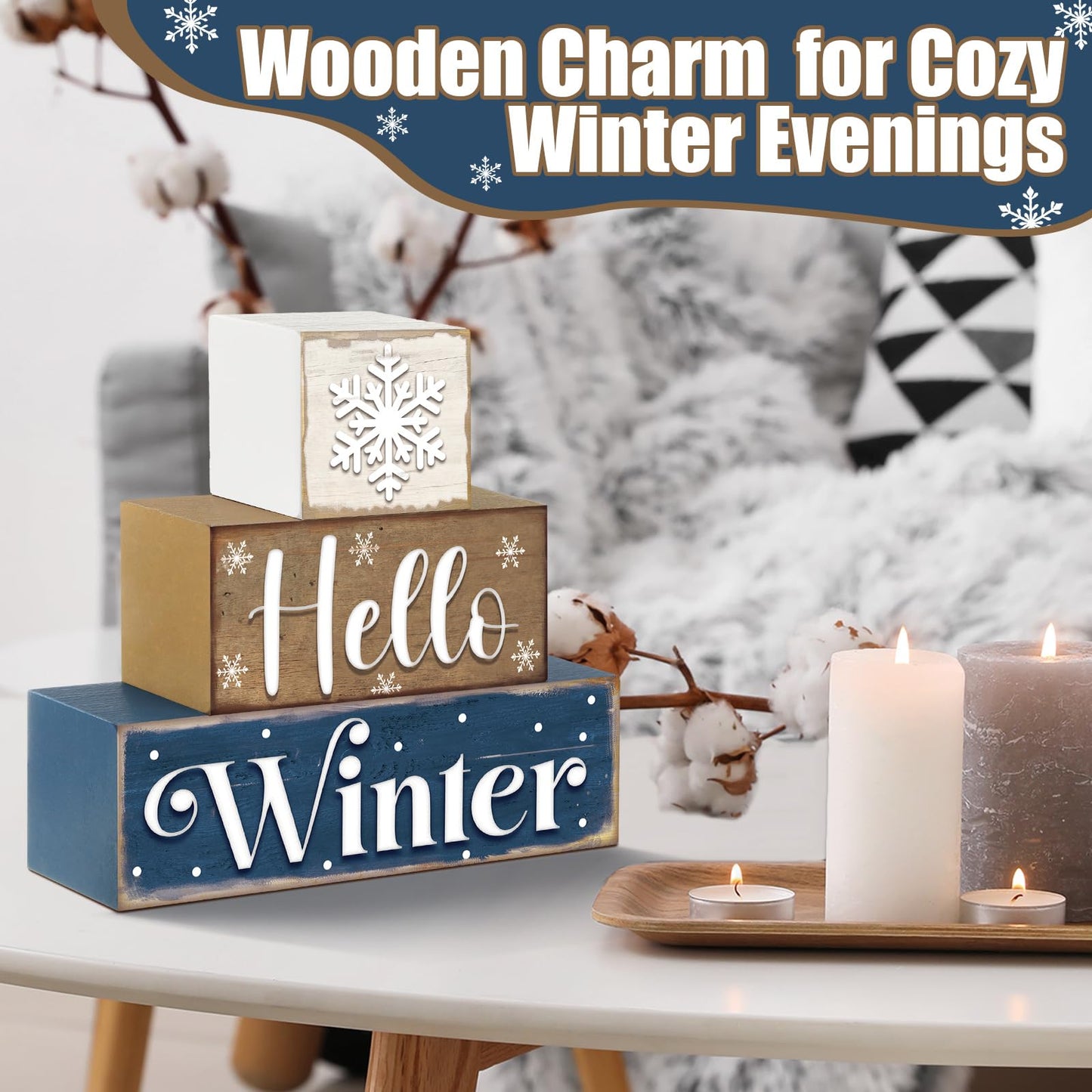 Huquary 3 Pcs Winter Let It Snow Tiered Tray Decor Table Sign Winter Theme Wood Decorations Centerpiece Decor for Party Gift Desk(Snowflake Style)